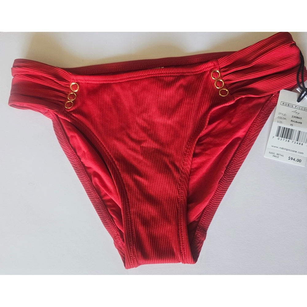 Robin Piccone XS Amy Side Tab Bikini Bottom Only in Rhubarb Red/Orange NWT 1462